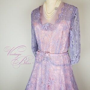 Vintage 1940's Lavender Lace + Pink Satin Lining Belted A Line Party Dress